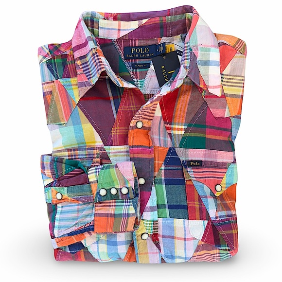 Polo Ralph Lauren Cotton Madras Classic Fit Patchwork Pearl Snap Button Shirt - Picture 5 of 12